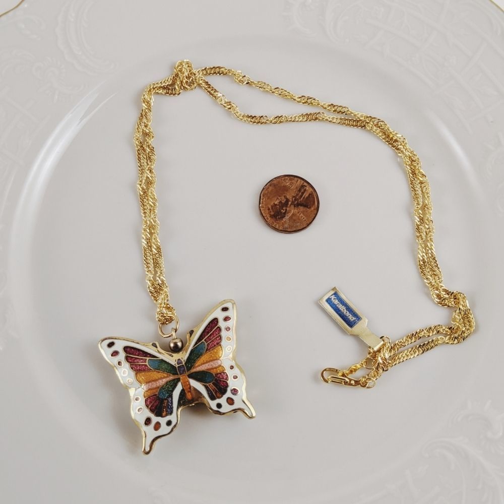 Vintage Cloisonne Rainbow Butterfly 24" Necklace